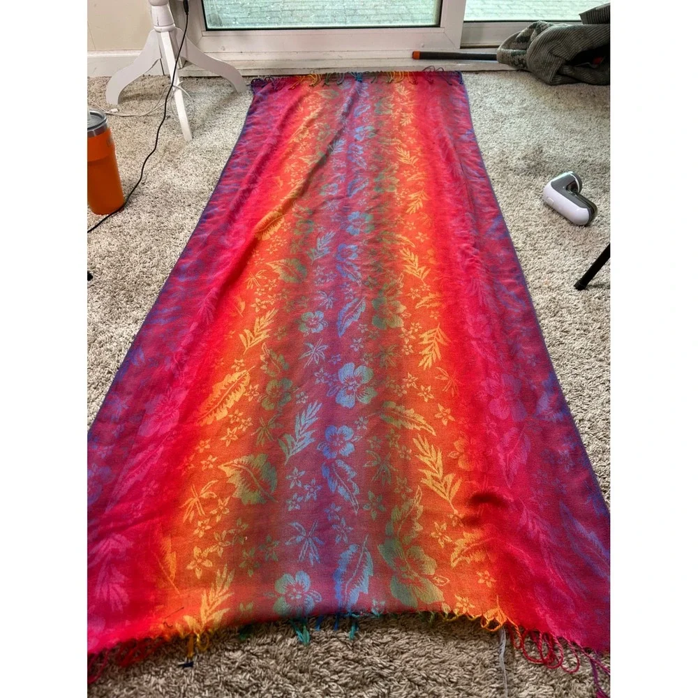 Rainbow Floral Jacquard Shawl Vibrant Fringe Wrap Scarf Festival Hippie Boho‎